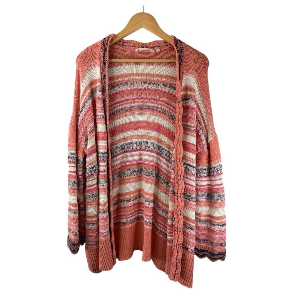 Soft Surroundings Coral Multi-Stripe Open Front Cardigan